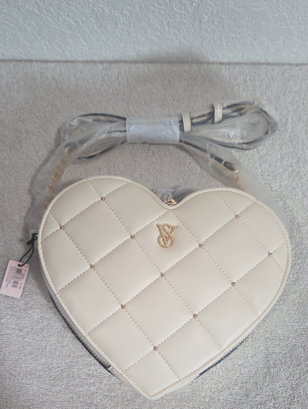 Victoria's Secret Cream Quilted Heart Crossbody Bag with Gold Logo